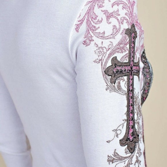 NWT VOCAL white L/S EMBELLISHED RIB THERMAL CROSS shirt embellished biker  SM-XL - Picture 2 of 6